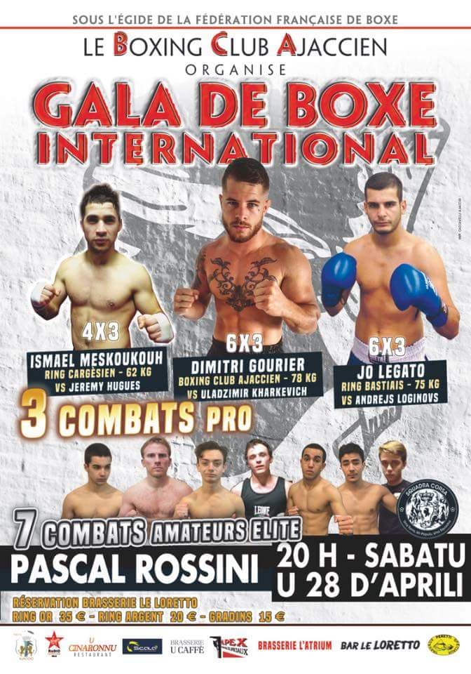 Affiche du gala de boxe international au Pascal Rossini, avec Dimitri Gourier parmi les boxeurs professionnels